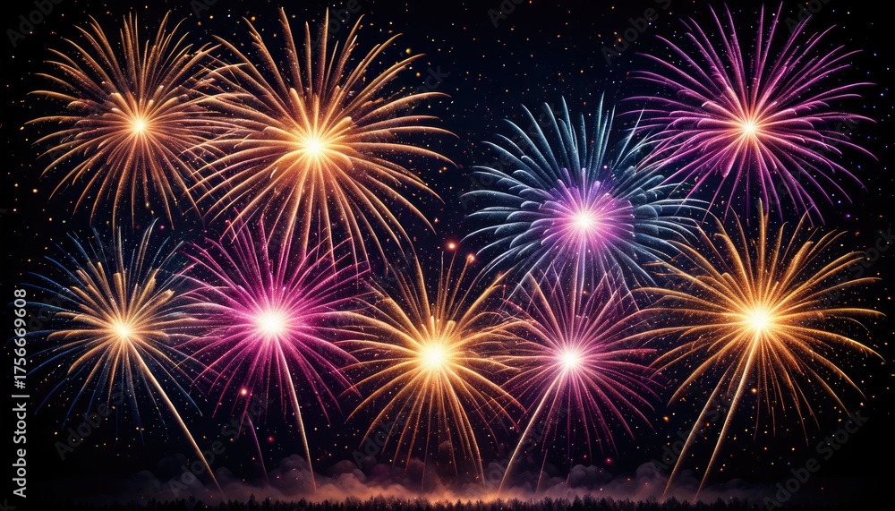 Fototapeta premium Vivid explosion of fireworks in a starry night sky, colorful bursts illuminating darkness