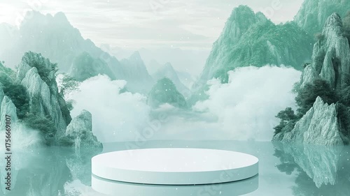 Empty circular podium with ice mountain and snow view