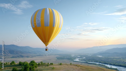 Soaring Dreams: A vibrant hot air balloon floats gracefully in the clear, blue sky above rolling hills and a meandering river, evoking a sense of adventure and freedom.