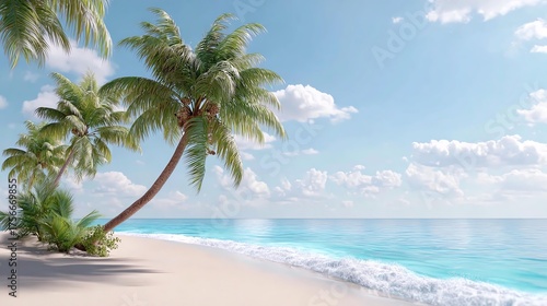 Coastal Paradise: An idyllic coastal scene unveils, showcasing gently swaying palm tree, pristine sandy beach kissed by a light, and a crystal-clear ocean under a vibrant sky.