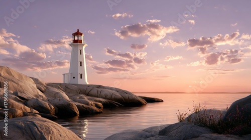 Coastal Beacon at Sunset: A solitary lighthouse stands tall and proud on a rugged coastline, its beacon of light illuminating the calm waters as the sun dips below the horizon.
