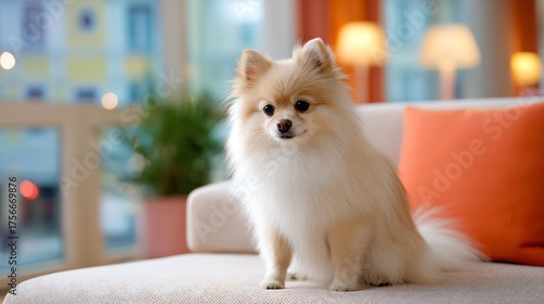 Cozy Pomeranian: A fluffy Pomeranian dog, exuding charm and comfort, lounges gracefully on a plush couch, the soft glow of ambient lighting casts a warm and inviting atmosphere.