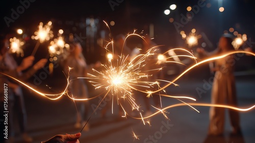 Sparkler Celebration: A group of friends joyfully illuminate the night with a mesmerizing display of sparklers, creating a magical atmosphere filled with warmth and celebration.