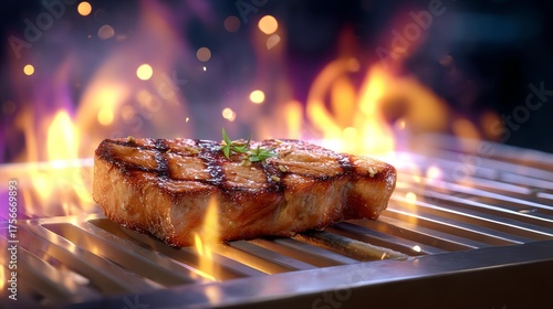 Grilled Steak on Fire: Sizzling flames dance around a perfectly grilled steak, its char marks promising a delicious bite. A single sprig of herb adds a touch of freshness to this culinary delight. 