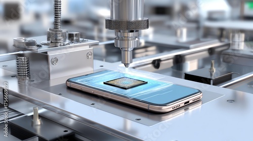 Advanced Technology in Assembly: A close-up view captures the intricate process of automated assembly within a high-tech facility, showcasing a smartphone being carefully manufactured