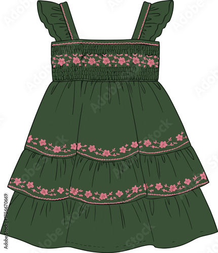 Children’s tiered dress illustration, pink floral embroidery, smocked bodice, ruffle strap detail, fashion flat sketch, cad drawing flat vector illustration