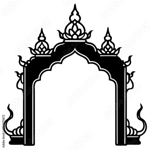 Ornate black archway with lotus details on transparent background silhouette