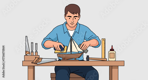 Illustration Vector of Man Building Wooden Boat with Tools on Workbench Modern Style