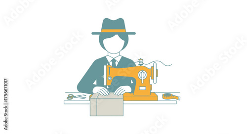 Vector Illustration of a Sewer with Sewing Machine in Clean Minimalist Style Blue and Orange Palette