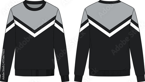 Color-block sweatshirt technical sketch, front and back view, chevron stripe design, ribbed cuffs and hem, fashion flat vector illustration
