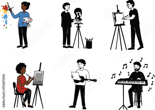 Creative arts illustration, painting silhouette, sculpting figure, music performance, artistic expression, drawing pose, songwriting moment, keyboard player, visual creativity, studio activity