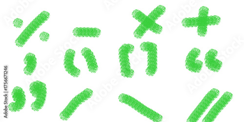 Green hand drawn mathematical symbols and punctuation marks on white background