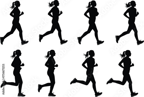 Silhouette of woman running, fitness jogging exercise concept, healthy lifestyle illustration, female athlete workout motion, outdoor running activity art