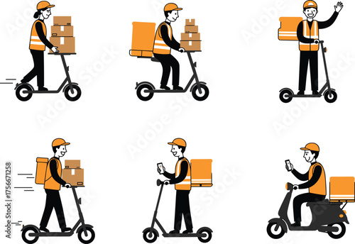 Delivery worker illustration, scooter courier, moped logistics, urban transport, package delivery, e-commerce service, helmet safety, fast shipping, mobile dispatch, express route