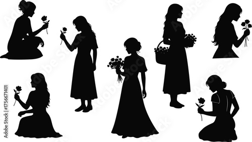 Silhouette of women holding flowers, romantic elegance, nature beauty, feminine grace, floral art, peaceful moment, gentle lifestyle, vector illustration design