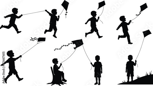 Silhouette of boys flying kites outdoors, children running and playing in summer wind, joyful childhood activity, freedom, happiness, recreation, fun