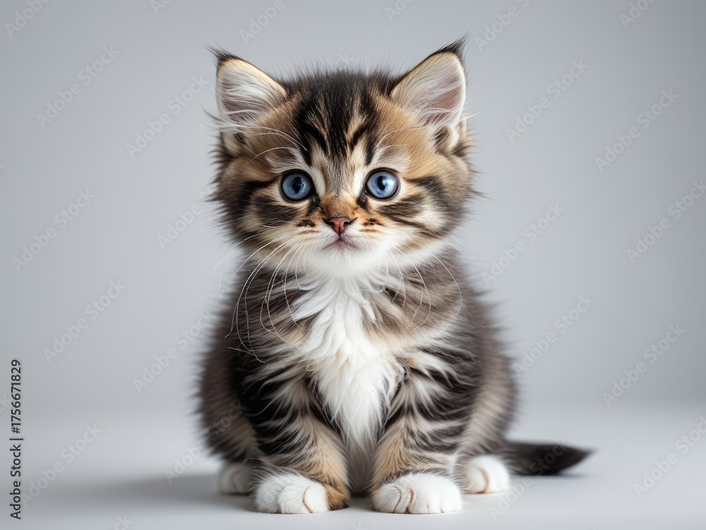 Fototapeta premium Fluffy kitten with striking blue eyes, adorable pose