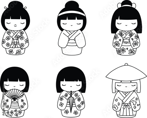 Japanese kimono illustration, traditional attire, cultural fashion, serene girl character, floral pattern, hair ornament, stylized design, heritage costume, cartoon geisha