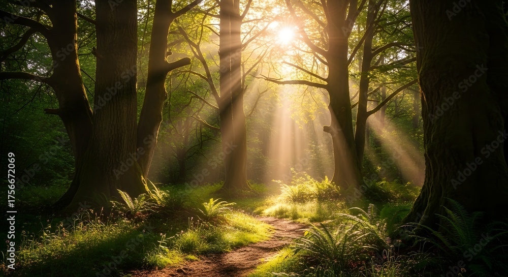 Obraz premium Sunlight streams through a lush green forest illuminating a path