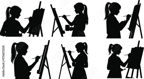 Silhouette of female artist painting on canvas, creative woman with brush and easel, artistic painter isolated on white background art design