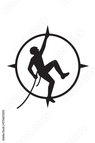 Black silhouette of a climber ascending a circular frame with compass points climbing white