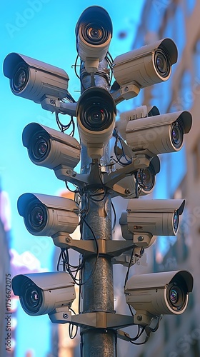 Outdoor CCTV surveillance cameras network setup on metal support pole image