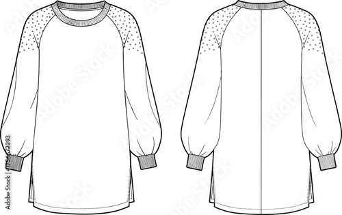 Long sleeve tunic fashion sketch, raglan sleeve top technical drawing, garment flat illustration, front back view, apparel design vector, cad drawing flat vector illustration