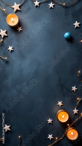 A dark blue background with white stars and candles.