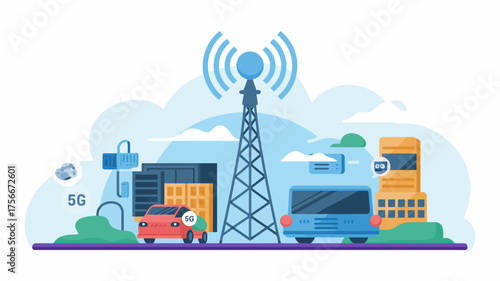 An illustrative representation of 5G technology with a cellular tower and connected vehicles.