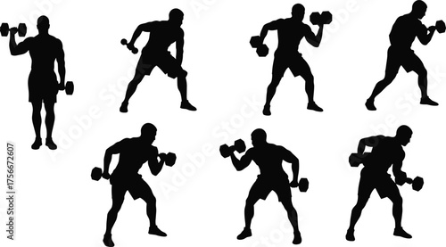 Silhouette of man lifting dumbbells, bodybuilding and strength training exercise, fitness and gym workout concept, muscular athlete illustration vector