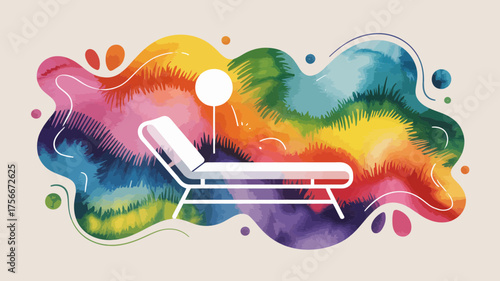 Colorful abstract illustration of a chaise lounge chair against a vibrant watercolor background