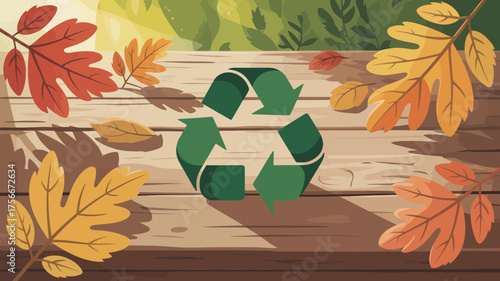 Colorful autumn leaves and recycle symbol design on a wooden surface background.