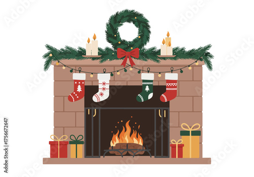 Classic Stone Fireplace Lit with Christmas Stockings, Pine Garland, and Warm Lighting
