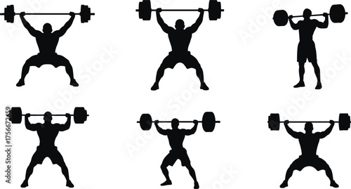 Silhouette of man lifting barbell, strong athlete performing weightlifting exercise, muscular bodybuilder training fitness strength isolated on white background design