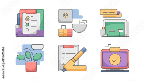 Colorful flat design illustrations of various office and healthcare related items in a row