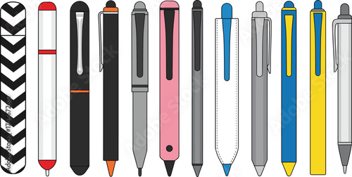 Pen illustration set, colorful stationery, ballpoint pens, click pens, twist pens, cap pens, office supplies, writing tools, design, stock image