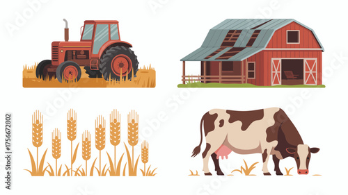 Colorful vector illustration of a farm scene featuring a tractor, barn, wheat, and cow in a field