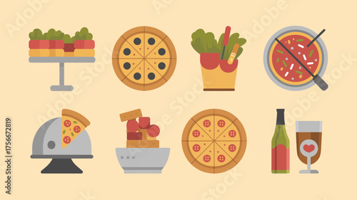 Delicious Italian food illustrations including pizza, pasta, and wine on a light beige background