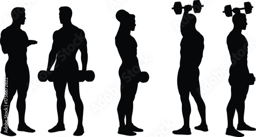 Silhouette of men lifting dumbbells, bodybuilding and gym workout exercise, strength training concept, muscular athlete fitness illustration vector design