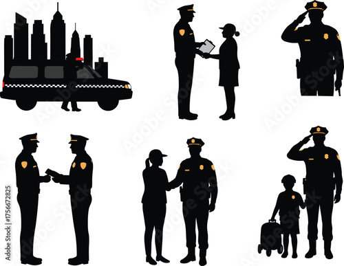 Police silhouette, public interaction, urban service, law enforcement, civilian support, officer salute, city patrol, handshake moment, respectful gesture, community safety, official duty