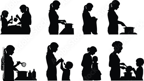 Silhouette of mother and child cooking together, family bonding in kitchen, parenting love, teaching, daily life, home activity, vector illustration
