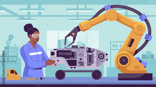 Female engineer working alongside a robotic arm in a modern automotive factory assembly line