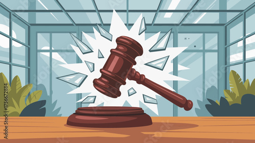 Dramatic illustration of a gavel smashing through a glass window inside a courtroom