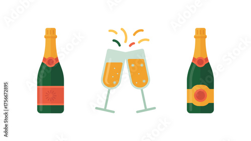 Festive illustration of champagne bottles and glasses clinking for celebratory occasions in flat design