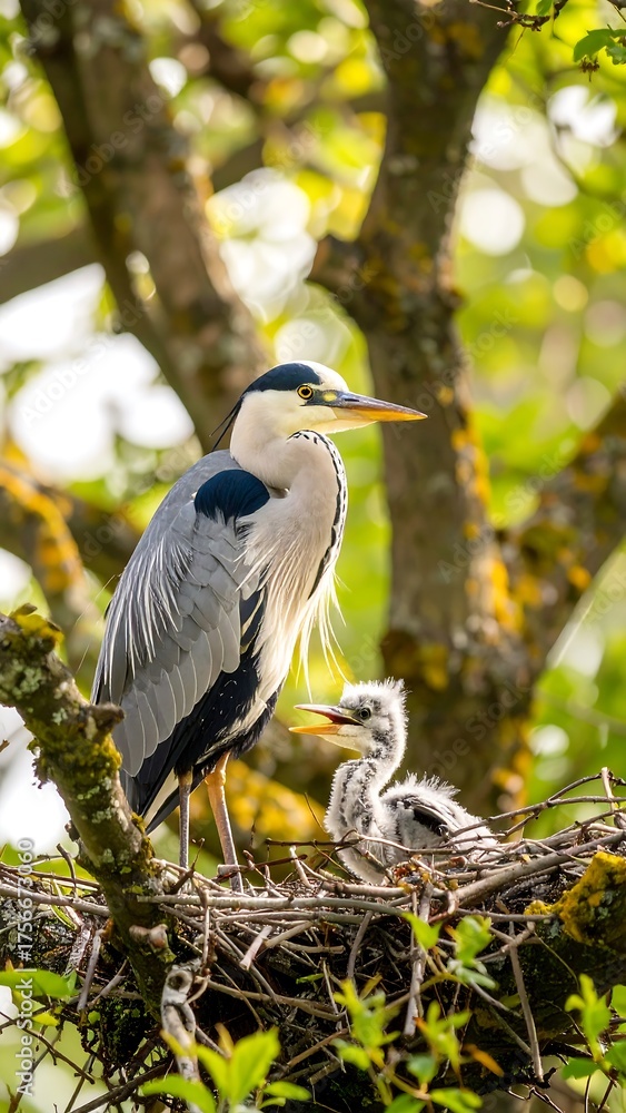 Fototapeta premium Heron and chick in nest