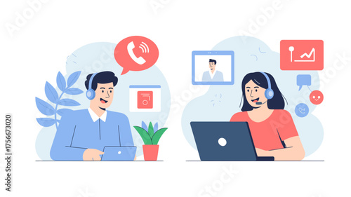 Illustration of customer service representatives using technology for communication and support