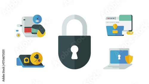 Illustration of security icons representing protection, privacy, and safe access on a white background.
