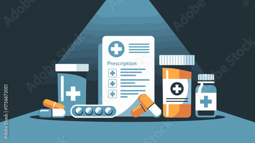 Illustration of prescription paper, pills, and medicine bottles in a dark blue setting.