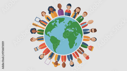 Illustration of diverse people surrounding the globe representing global community and unity
