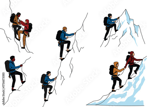 Rock climbing silhouette, mountain ascent, outdoor adventure, icy terrain, climbing gear, cold weather hike, technical skill, physical effort, climber pose, 